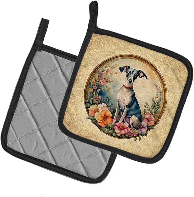 Caroline's Treasures Italian Greyhound and Flowers Pair of Pot Holders Kitchen Heat Resistant Pot Holders Sets Oven Hot Pads for Cooking Baking BBQ, 7 1/2 x 7 1/2