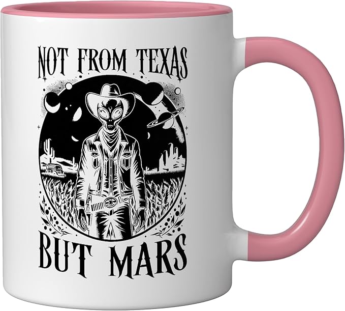 Alien Lover Flying Saucer UFO Extraterrestrial Cowboy Ceramic Mug, Pink/White