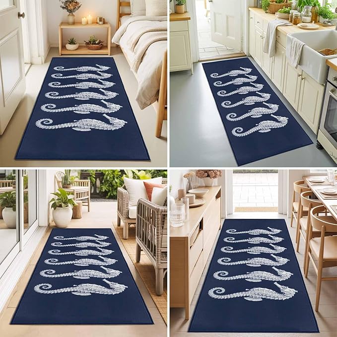 Runner Rug for Bedroom Hallway, Ocean Life Seahorse Navy Blue Kitchen Runner Rugs Area Rug 2x6ft, Summer Nautical Theme Washable Soft Floor Carpet for Entryway Stair