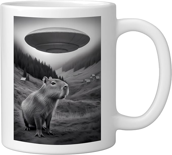 Vintage Capybara UFO Abduction Surreal Ironic Meme Ceramic Mug, White