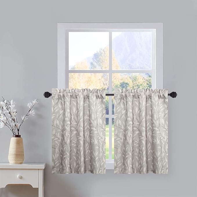 VOGOL Tiers Curtains 30 Inch Length Grey Small Window Curtains for Bathroom Laundry Room Basement Rod Pocket Lovely Leaf Print Window Drapes, 30 x 30, 2 Panels