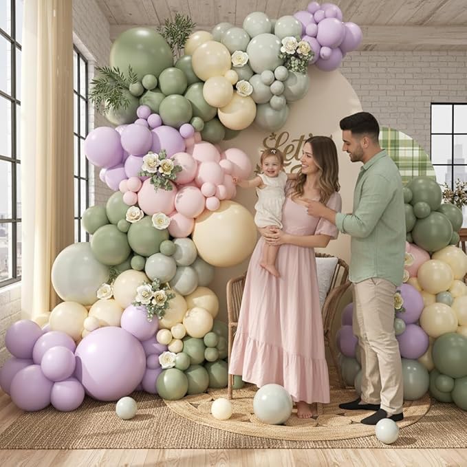 Pastel Balloon Arch Garland Kit 154pcs, Double Stuffed Light Green Sage Green Purple Yellow Macaron Pink Balloons Arch Kit for Wildflower Baby Shower Wedding Birthday Party Decorations