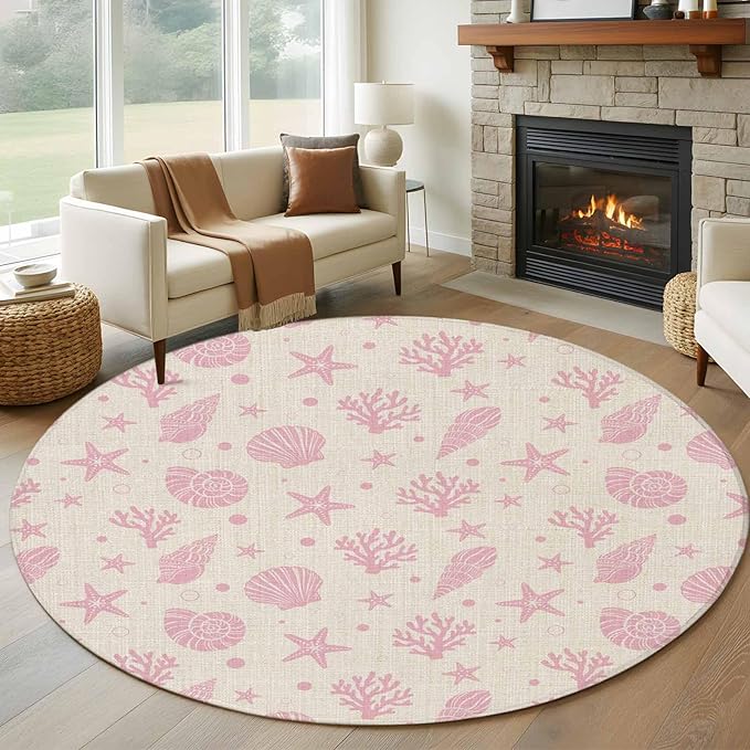 Washable Round Area Rug Ocean Pink Shell Coral Conch Circle Rugs Floor Carpet for Living Room Bedroom, Marine Starfish on Farm Burlap Soft Non Slip Round Rug 5ft