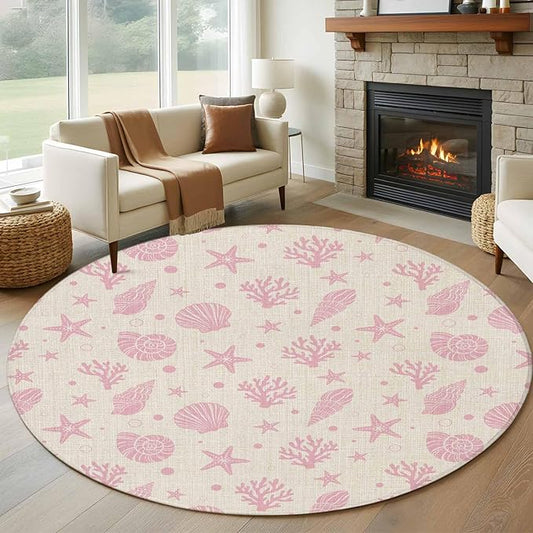 Washable Round Area Rug Ocean Pink Shell Coral Conch Circle Rugs Floor Carpet for Living Room Bedroom, Marine Starfish on Farm Burlap Soft Non Slip Round Rug 5ft