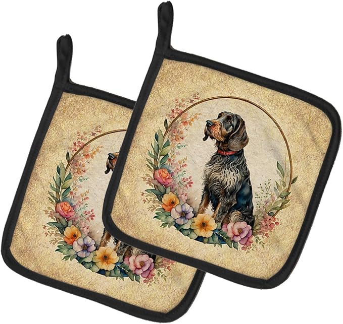 Caroline's Treasures German Wirehaired Pointer and Flowers Pair of Pot Holders Kitchen Heat Resistant Pot Holders Sets Oven Hot Pads for Cooking Baking BBQ, 7 1/2 x 7 1/2