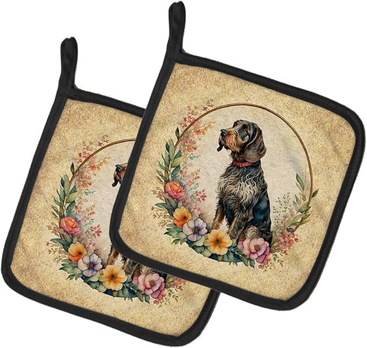 Caroline's Treasures German Wirehaired Pointer and Flowers Pair of Pot Holders Kitchen Heat Resistant Pot Holders Sets Oven Hot Pads for Cooking Baking BBQ, 7 1/2 x 7 1/2