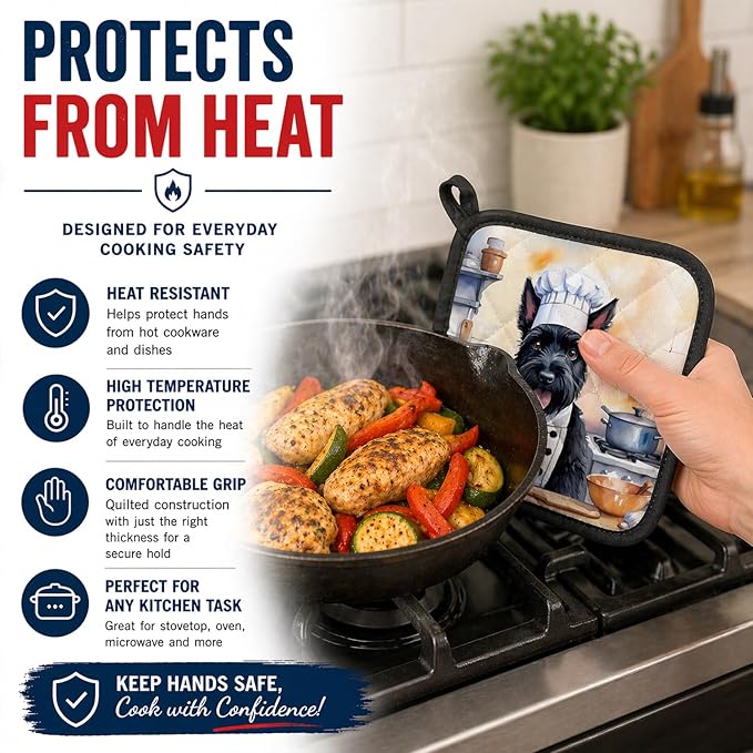 Caroline's Treasures Scottish Terrier The Chef Pair of Pot Holders Kitchen Heat Resistant Pot Holders Sets Oven Hot Pads for Cooking Baking BBQ, 7 1/2 x 7 1/2