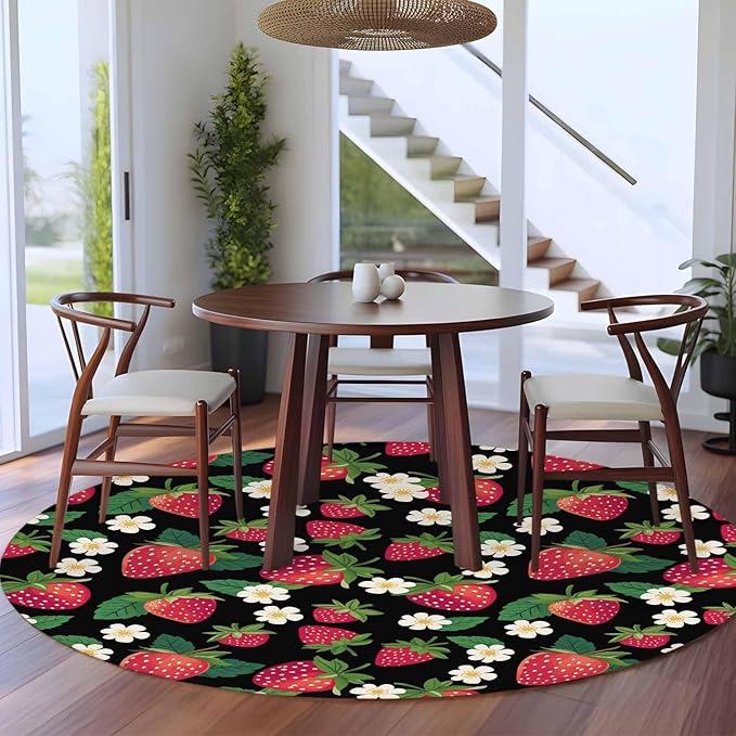 Washable Round Area Rug Red Strawberry Litter Flower Leaves on Black Circle Rugs Floor Carpet for Living Room Bedroom, Summer Fruit Soft Non Slip Round Rug 5ft