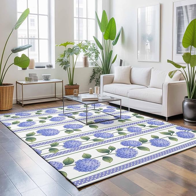 Area Rug 4x6ft, Garden Purple Hydrangea Flower Washable Rugs for Living Room Bedroom, Watercolor Floral Leaves Soft Non-Slip Area Rugs Rectangle Floor Carpet for Dining Room