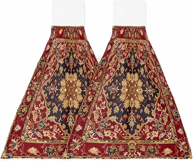 Alandar Home Kitchen Tie Towel Set of 2, Floral Leaves Frames Vintage Mid Century Afghan Black Wheat Red Absorbent Soft Hand Towels for Bathroom Hanging Towels, Fast Drying Cleaning Cloth with Loop