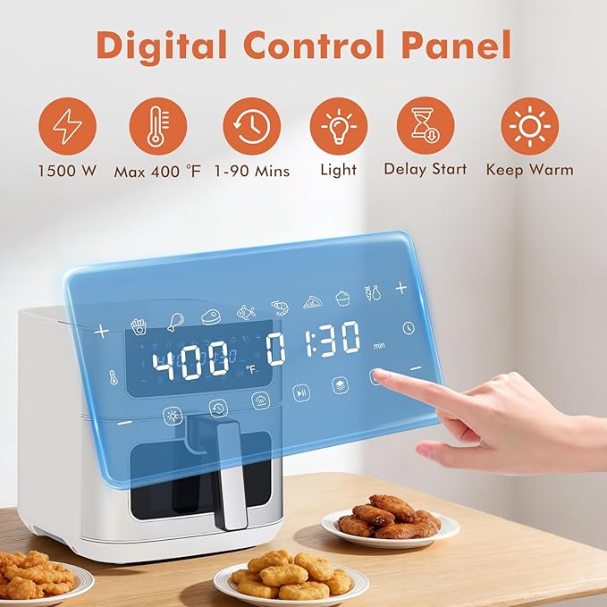 Sweetcrispy 6.34QT Air Fryer, 8-in-1 Air Fryers Oven with Visible Window, 400℉ Fast Heating, Nonstick Dishwasher-Safe Basket, Timer & Auto-Off, Stainless Steel, White