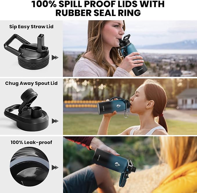 RAYMYLO Insulated Water Bottle 32 oz, Triple Wall Vacuum Stainless Steel (Cold for 24Hrs, Hot for 12Hrs), Leak Proof & Non-BPA, Modern Water Flask Jug with Paracord Handle & Straw Spout Lids