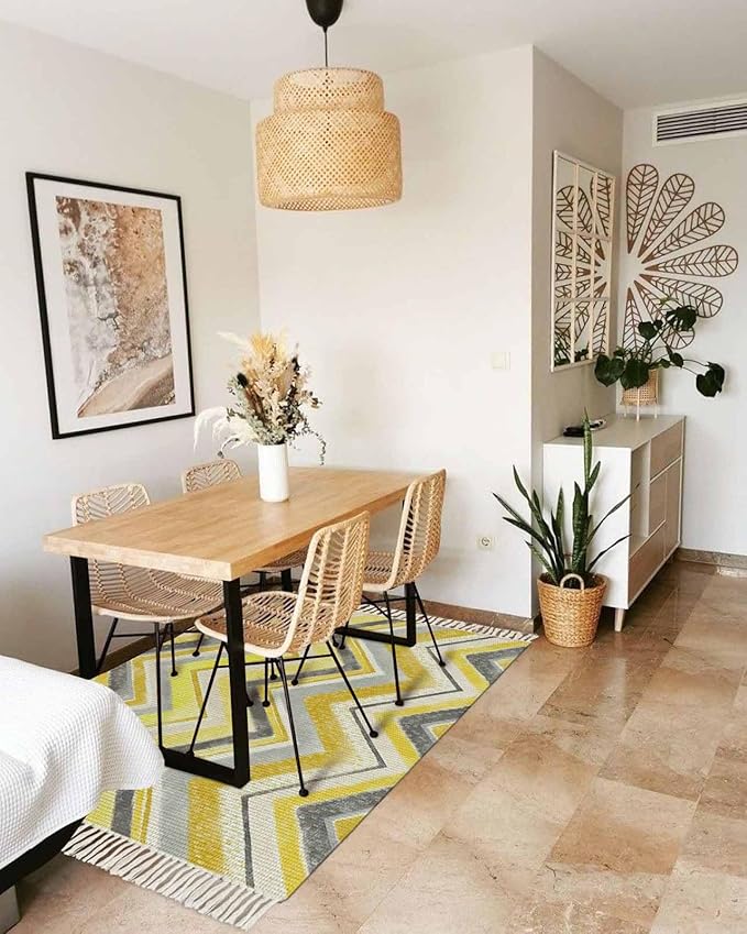 Kitchen Runner Rugs, Yellow Gray Gradient Zigzag Stripe 2'x3' Throw Rug with Tassels, Nordic Style Abstract Art Washable Soft Floor Carpet Runner for Hallway Bedroom Bathroom Laundry Room