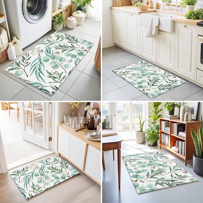 Area Rug 2x3ft, Watercolor Eucalyptus Leaves Washable Rugs for Living Room Bedroom, Spring Green Foliage Branch Soft Non-Slip Area Rugs Rectangle Floor Carpet for Dining Room