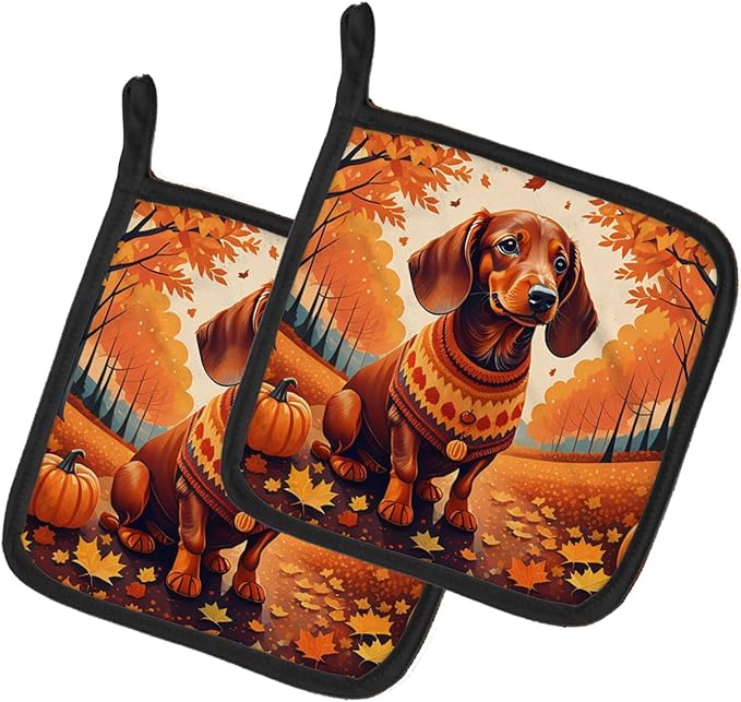 Caroline's Treasures DAC1043PTHD Dachshund Fall Pair of Pot Holders Kitchen Heat Resistant Pot Holders Sets Oven Hot Pads for Cooking Baking BBQ, 7 1/2 x 7 1/2