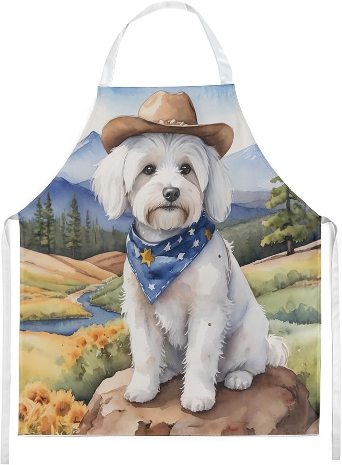 Caroline's Treasures Coton de Tulear Cowboy Welcome Apron Cooking Kitchen Server Baking Crafts Gardening for Adult Women Men, Unisex, Large, Multicolor