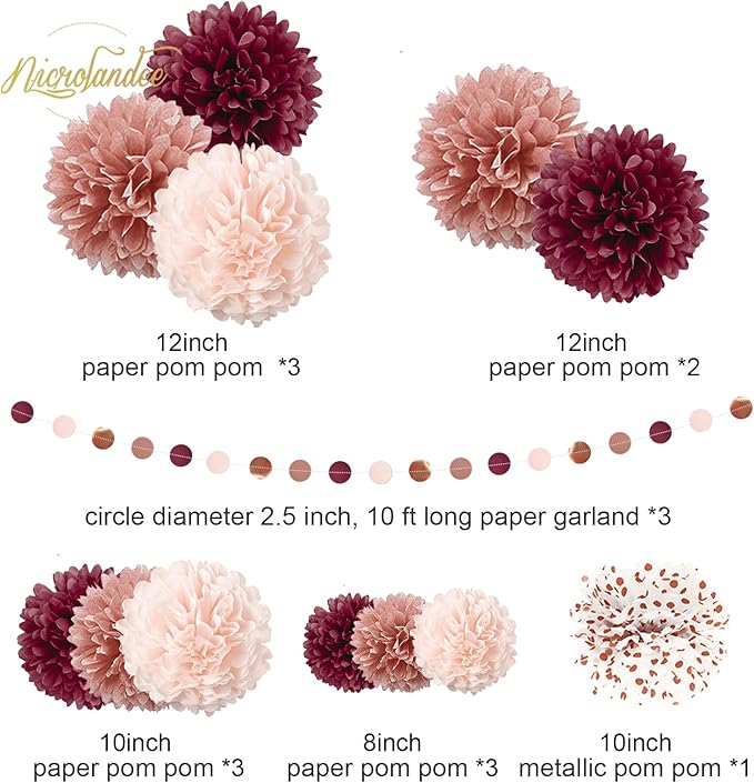 NICROLANDEE Bachelorette Party Decorations - 15Pcs Burgundy Rose Gold Tissue Pom Poms Circle Dots Polka Dot Kit for Valentines, Engagement, Wedding, Bridal Shower, Burgundy Birthday Decorations