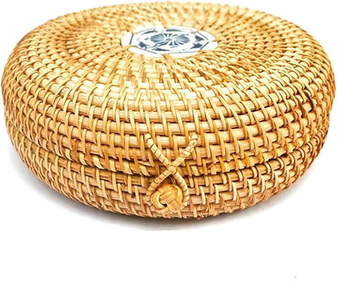 Rattan Box with Lid: Blue-and-White Porcelain Decorative Rattan Storage Box, Hand-Woven Wicker Storage Basket with Lid, for Sundries Tea Case Picnic Food Containers (Round 4, 8.27in*8.27in*2.76in)