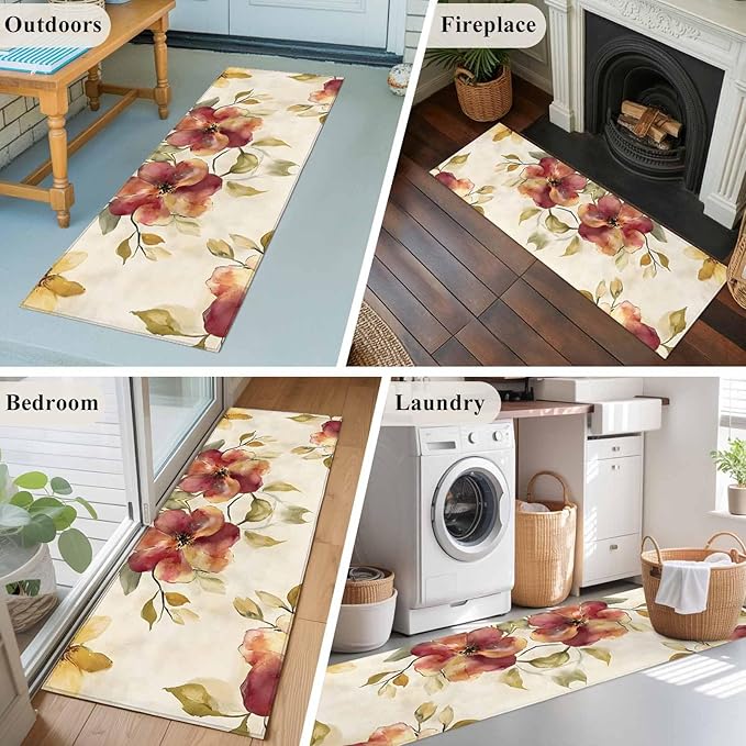 Runner Rug for Bedroom Hallway, Oil Painting Style Flowers Kitchen Runner Rugs Area Rug 2x6ft, Vintage Country Floral Washable Soft Floor Carpet for Entryway Stair
