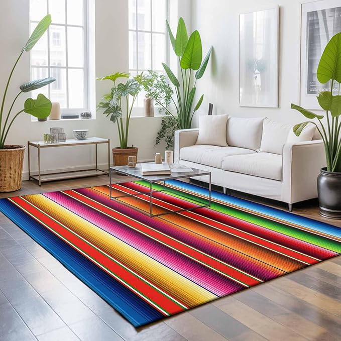 Area Rug 8x10ft, Mexican Stripes Vintage Ethnic Washable Rugs for Living Room Bedroom, Native American Stripe Soft Non-Slip Area Rugs Rectangle Floor Carpet for Dining Room