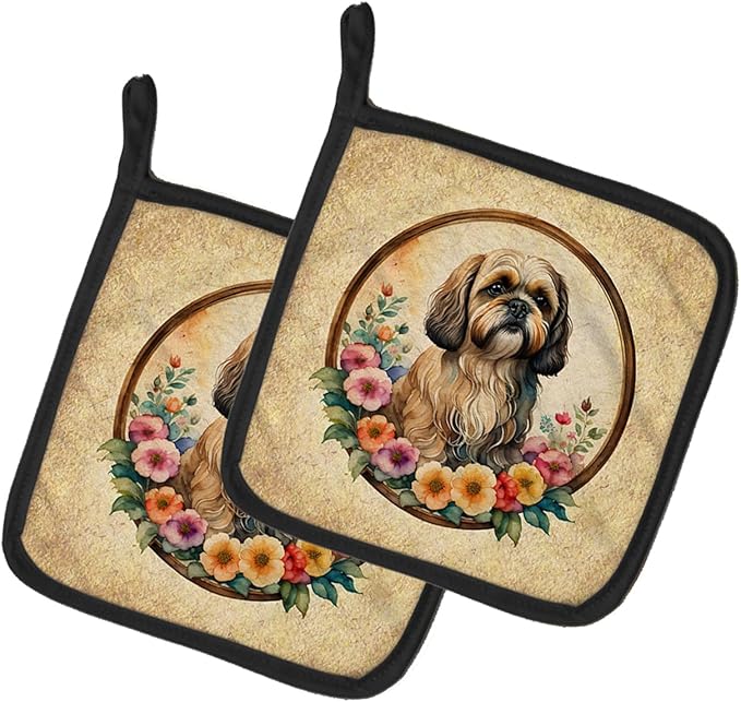 Caroline's Treasures Lhasa Apso and Flowers Pair of Pot Holders Kitchen Heat Resistant Pot Holders Sets Oven Hot Pads for Cooking Baking BBQ, 7 1/2 x 7 1/2