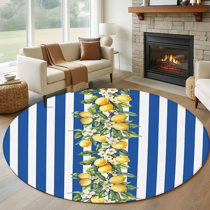 Washable Round Area Rug Summer Lemon Green Leaves Watercolor Circle Rugs Floor Carpet for Living Room Bedroom, Blue Stripe Soft Non Slip Round Rug 5ft
