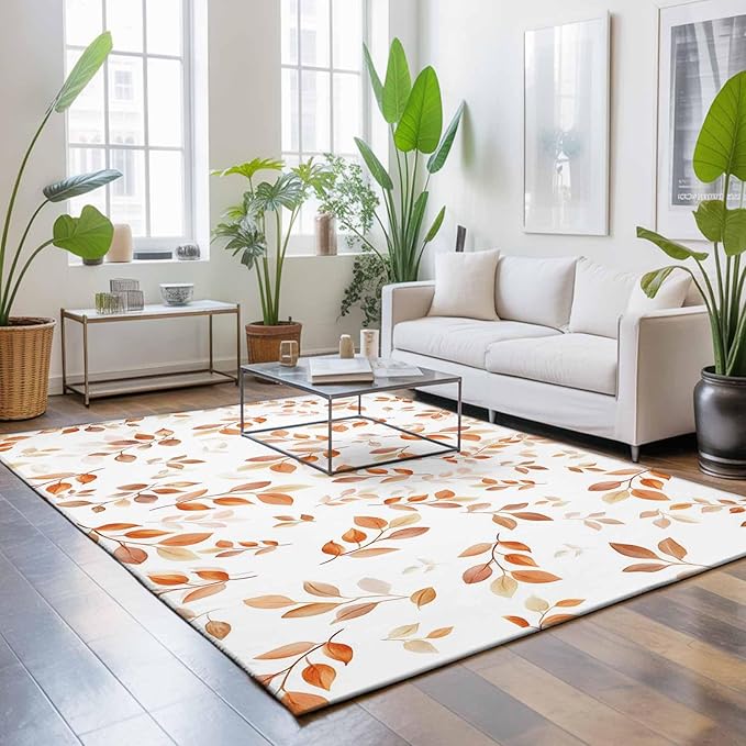 Area Rug 9x12ft, Autumn Orange Leaf Botanical Washable Rugs for Living Room Bedroom Rectangle Floor Carpet, Abstract Vine Pattern Soft Non-Slip Area Rugs for Dining Room