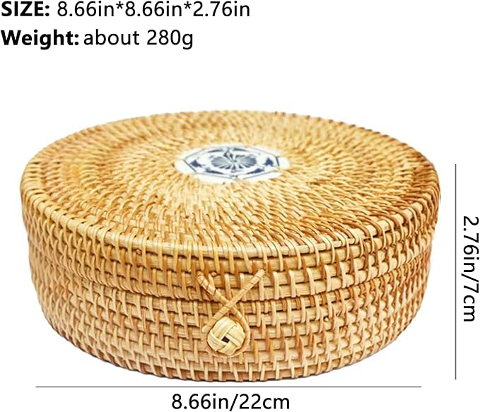 Rattan Box with Lid: Blue-and-White Porcelain Decorative Rattan Storage Box, Hand-Woven Wicker Storage Basket with Lid, for Sundries Tea Case Picnic Food Containers (Round 3, 8.66in*8.66in*2.76in)