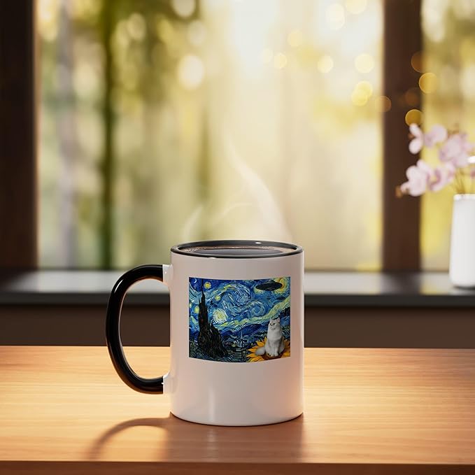 Cosmic Cat on Sunflower Space UFO Night for Men Women Ceramic Mug, Black/White