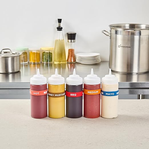 Restaurantware Silicone Squeeze Bottle Band 10 Count 2.75 Inch Dishwasher Safe Condiment Identification Band, BBQ Red Non-Slip Label Band for Condiment Labeling at Restaurants, Food Trucks