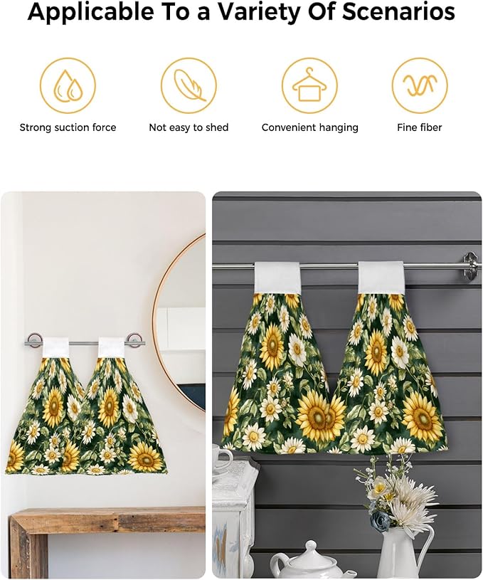 Alandar Home Kitchen Tie Towel Set of 1, Country Sunflower Green Watercolor Leaves Absorbent Soft Hand Towels for Bathroom Hanging Towels, Blossom Floral Fast Drying Cleaning Cloth with Loop