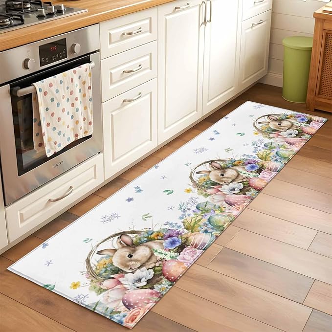 Runner Rug for Bedroom Hallway, Easter Egg Spring Flower Cute Rabbit Kitchen Runner Rugs Area Rug 2x6ft, Blossom Floral on White Washable Soft Floor Carpet for Entryway Stair