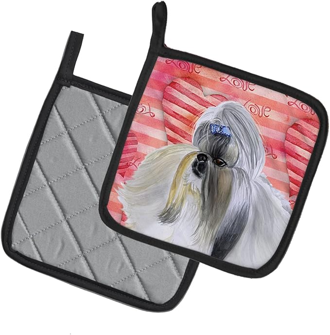 Caroline's Treasures BB9753PTHD Shih Tzu Love Pair of Pot Holders, Red Kitchen Heat Resistant Pot Holders Sets Oven Hot Pads for Cooking Baking BBQ, 7 1/2 x 7 1/2