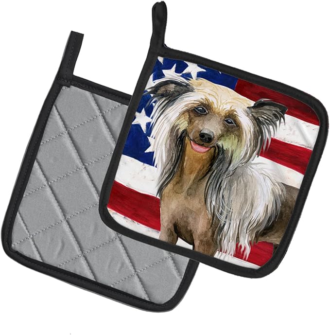 Caroline's Treasures BB9659PTHD Chinese Crested Patriotic Pair of Pot Holders Kitchen Heat Resistant Pot Holders Sets Oven Hot Pads for Cooking Baking BBQ, 7 1/2 x 7 1/2