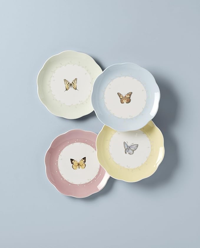 Lenox Dessert Plate Set, Lenox Butterfly Meadow Collection 4-Piece Dessert Porcelain Plates Set, Service For 4, Dishwasher & Microwavable Plate, Small Plates, 8 x 8-Inch, Spring Dishes (4 Piece)
