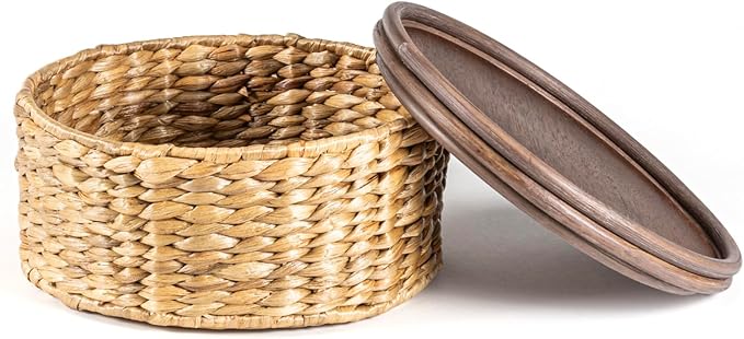 happimess BSK1004A-3SET Gouda Southwestern Hand-Woven Hyacinth Circular Nesting Wicker Storage Baskets with Wood Lids, Seagrass Container for Decoration in Bathroom, Bedroom, Closet,Natural (Set of 3)