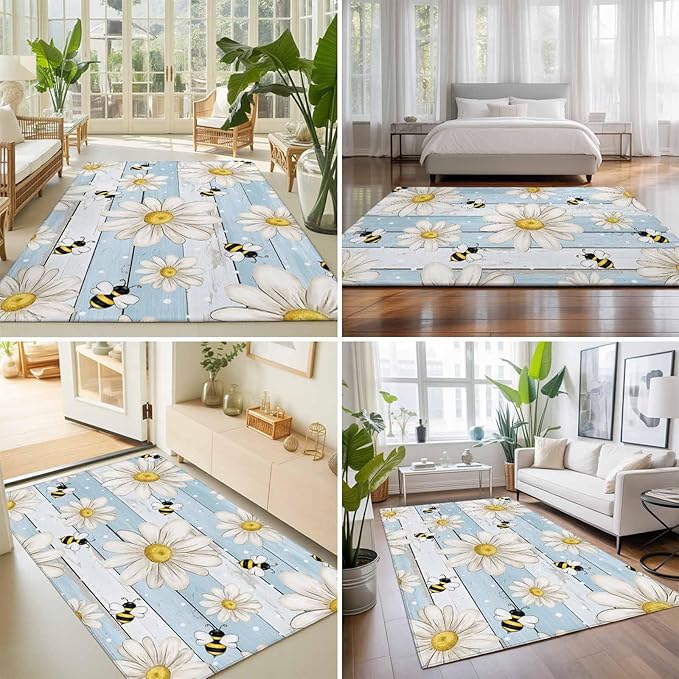 Area Rug 8x10ft, Watercolor White Daisy Floral Bee Washable Rugs for Living Room Bedroom, Rustic Light Blue Wood Plank Soft Non-Slip Area Rugs Rectangle Floor Carpet for Dining Room