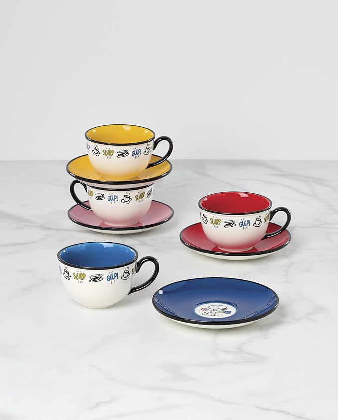 Lenox Teacup Set, Chef Snoopy Tea Cups And Saucers, Sets Of 4, Service For 4, Porcelain Material, Dishwasher And Microwave Safe, Tea Set, Mug, Snoopy Design (Assorted, 8 Pieces, 10 Ounce Capacity)