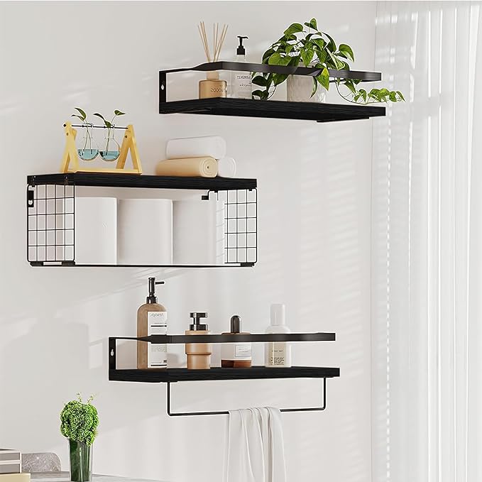 Upgrade Towel Racks for Bathroom Wall Mounted, 3 Pack Floating Shelves with Storage Basket, Bathroom Organizes, Wall Mounted Rustic Wood Shelves for Bedroom, Living Room, Kitchen (Black)