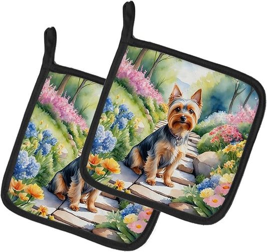 Caroline's Treasures Silky Terrier Spring Path Pair of Pot Holders Kitchen Heat Resistant Pot Holders Sets Oven Hot Pads for Cooking Baking BBQ, 7 1/2 x 7 1/2