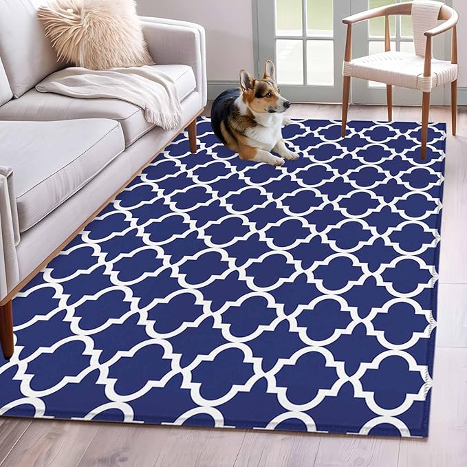 Area Rug 4x6ft, Navy Blue Moroccan Plaid Washable Rugs for Living Room Bedroom, White Line Buffalo Lattice Soft Non-Slip Area Rugs Rectangle Floor Carpet for Dining Room
