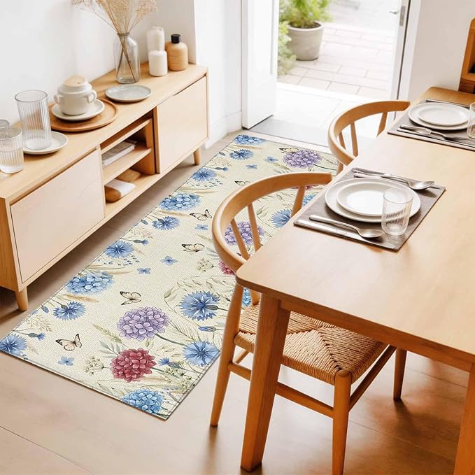 Runner Rug for Bedroom Hallway, Spring Watercolor Garden Flower Kitchen Runner Rugs Area Rug 2x6ft, Hydrangea Floral on Burlap Washable Soft Floor Carpet for Entryway Stair