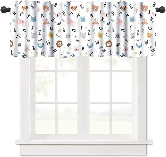 Animal Alphabet Valance, Kids Cartoon ABC Educational Learning Short Window Treatment for Kitchen Bedroom Nursery Classroom School, 54x18Inch