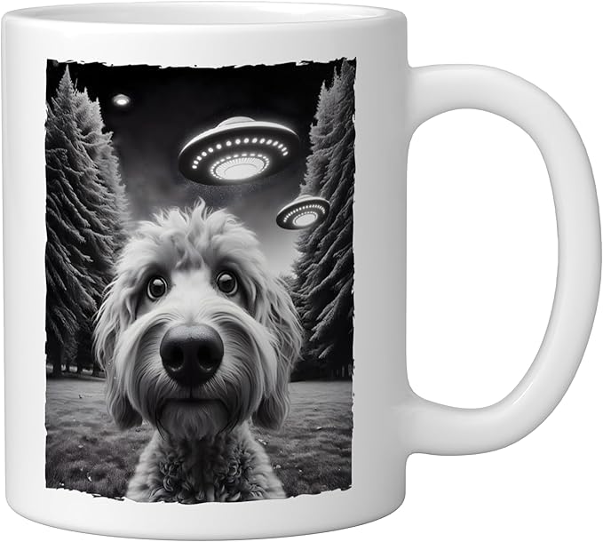 Funny Golden Doodle Selfie UFO Encounters for Dog Lovers Ceramic Mug, White