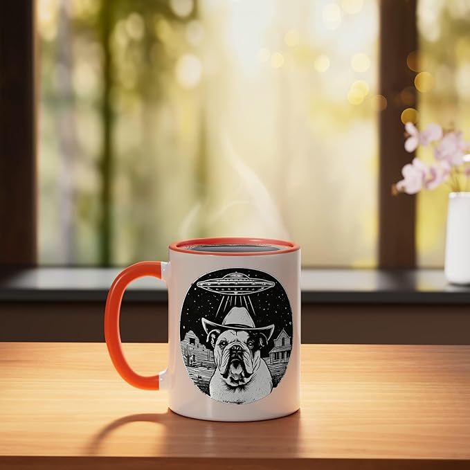 Retro UFO Cowboy Bulldog Western Sci Fi Alien Ceramic Mug, Orange/White