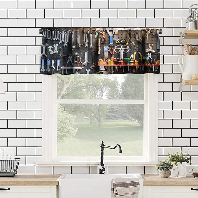 Man Cave Valance Curtain Vintage Style Tools Wall Tool Shed Workshop Fixing Equipment Rod Pocket Valance Window Treatments 1 Panel Short Curtains for Kitchen Living Room 54 x 18 in