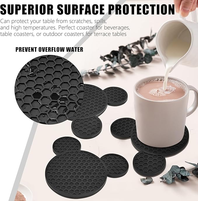 Mouse Ears Silicone Coasters Non-Slip Black Coasters for Hot or Cold Drinks, Beer, Coffee, Anti-Overflow Tabletop Protection Christmas Birthday Wedding Housewarming Home Decor Gifts