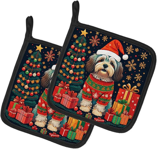 Caroline's Treasures Havanese Christmas Pair of Pot Holders Kitchen Heat Resistant Pot Holders Sets Oven Hot Pads for Cooking Baking BBQ, 7 1/2 x 7 1/2