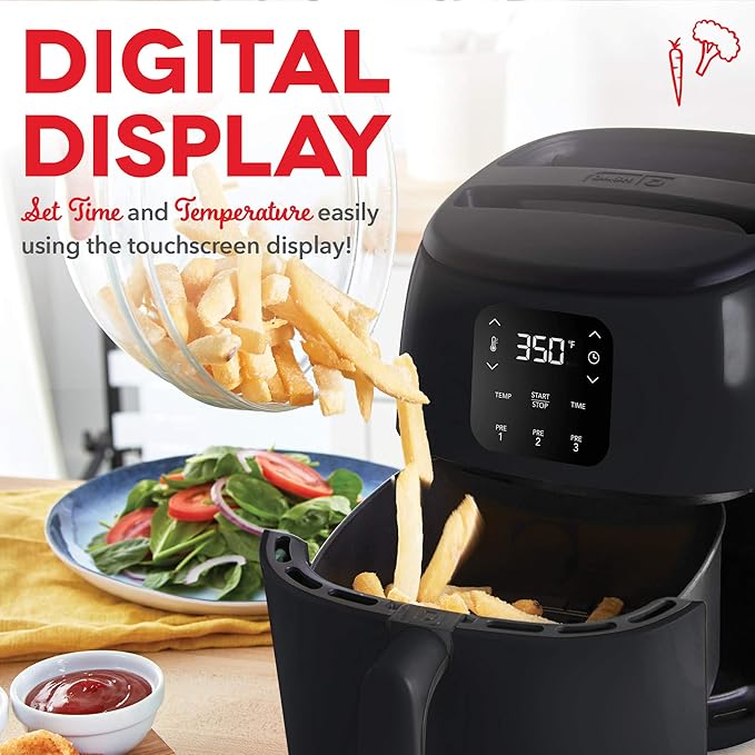 Dash Tasti-Crisp™ Digital Air Fryer – 2.6 Quart Small Compact Mini Air Fryer for French Fries, Nuggets & More, 1-2 People, Auto Shut Off, Adjustable Temp, Dishwasher Safe Parts - Black