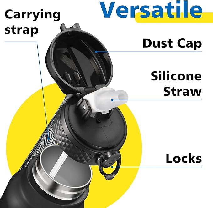 Han's Bottle Sports Water Bottle - 32 Oz, Straw Lid, Leak Proof, Vacuum Insulated Stainless Steel, Double Walled, Thermo Mug,Black